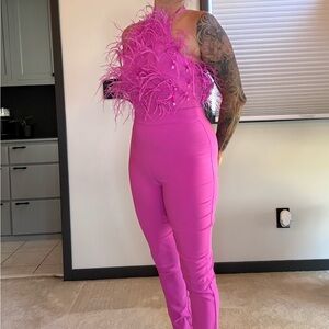 Elegant Pink Feathered Jumpsuit